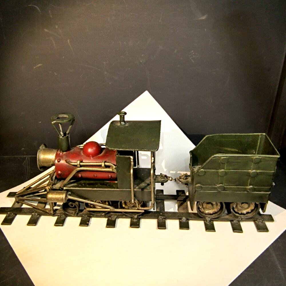 1595.  Hand Crafted Metal Train in Tracks Engine and Coal Car